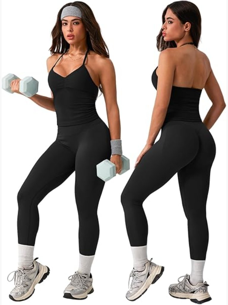 Ribbed Seamless Workout Set High Waist Leggings Adjustable Halter Bra
